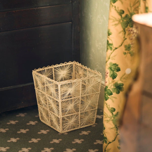 Hand Woven Iraca Palm Waste Paper Basket with Frill