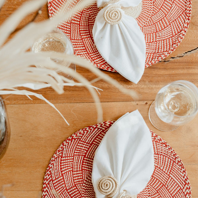 Red Hand Woven Artisan Placemat & Hand Woven Spiral Napkin Ring
